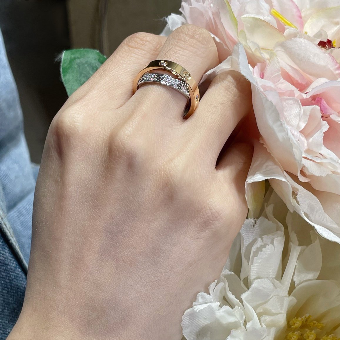 [Shinejoy]LOVE PINK GOLD SILVER DIAMOND DOUBLE RING