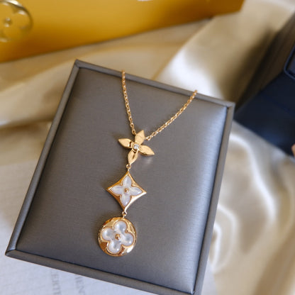 [Shinejoy]COLOR BLOSSOM LARIAT NECKLACE PINK GOLD WHITE MOTHER PEARL AND DIAMOND